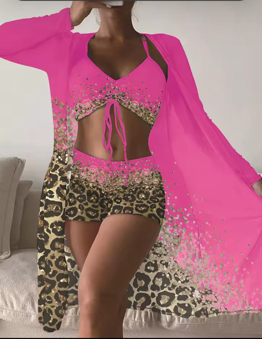 3-Piece High Waist Bikini Set with Kimono – Printed Swimsuit Beachwear