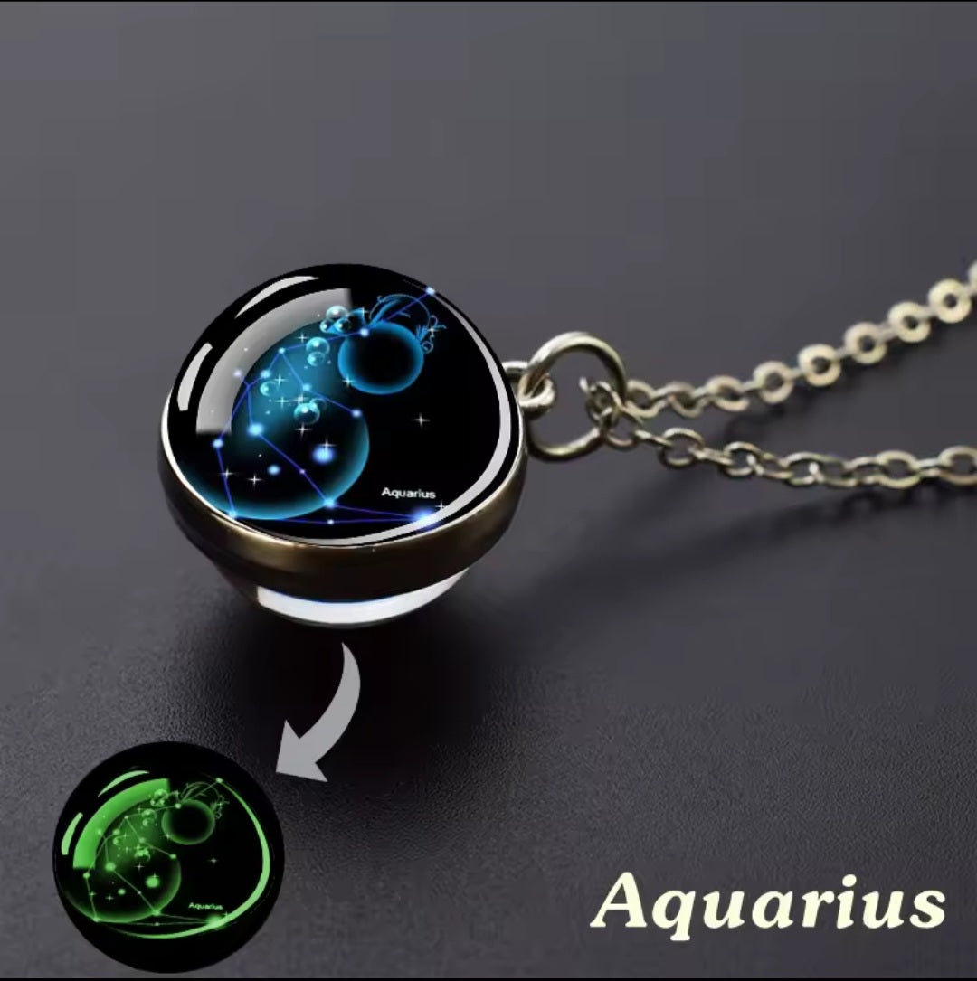 Luminous Zodiac Glass Ball Necklace – 12 Constellation Glow Pendant