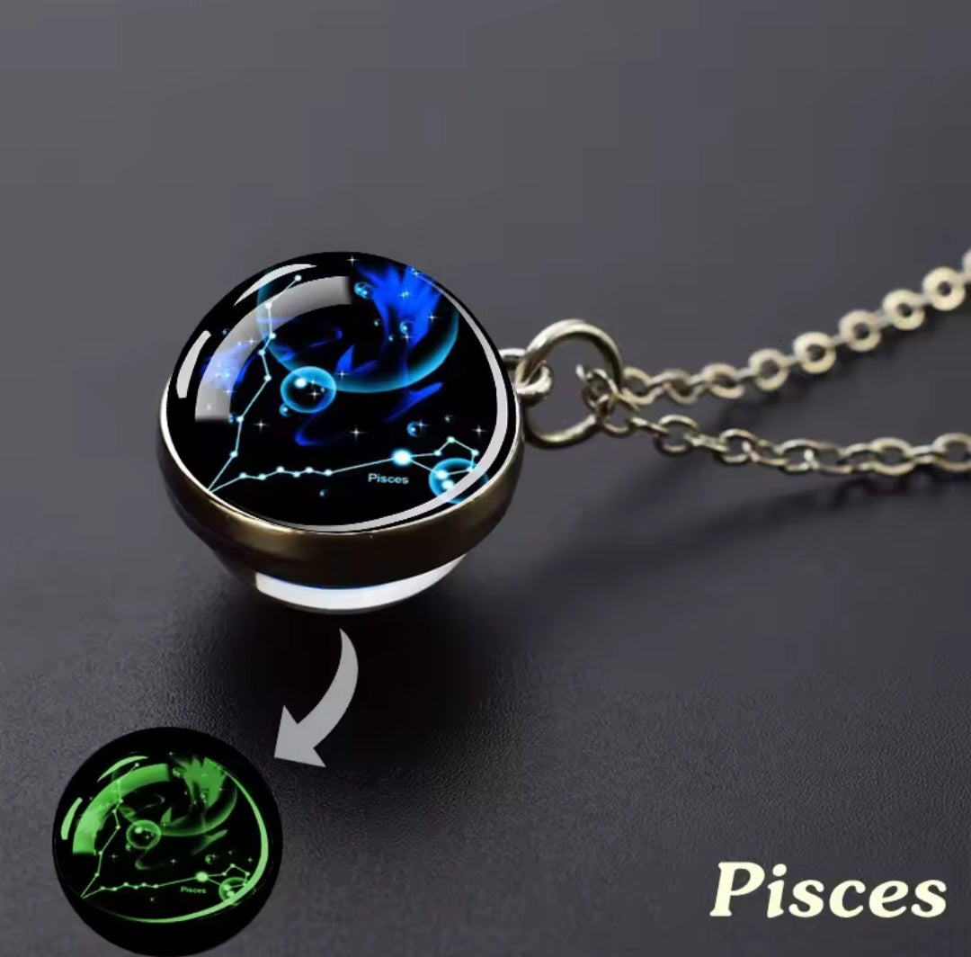 Luminous Zodiac Glass Ball Necklace – 12 Constellation Glow Pendant