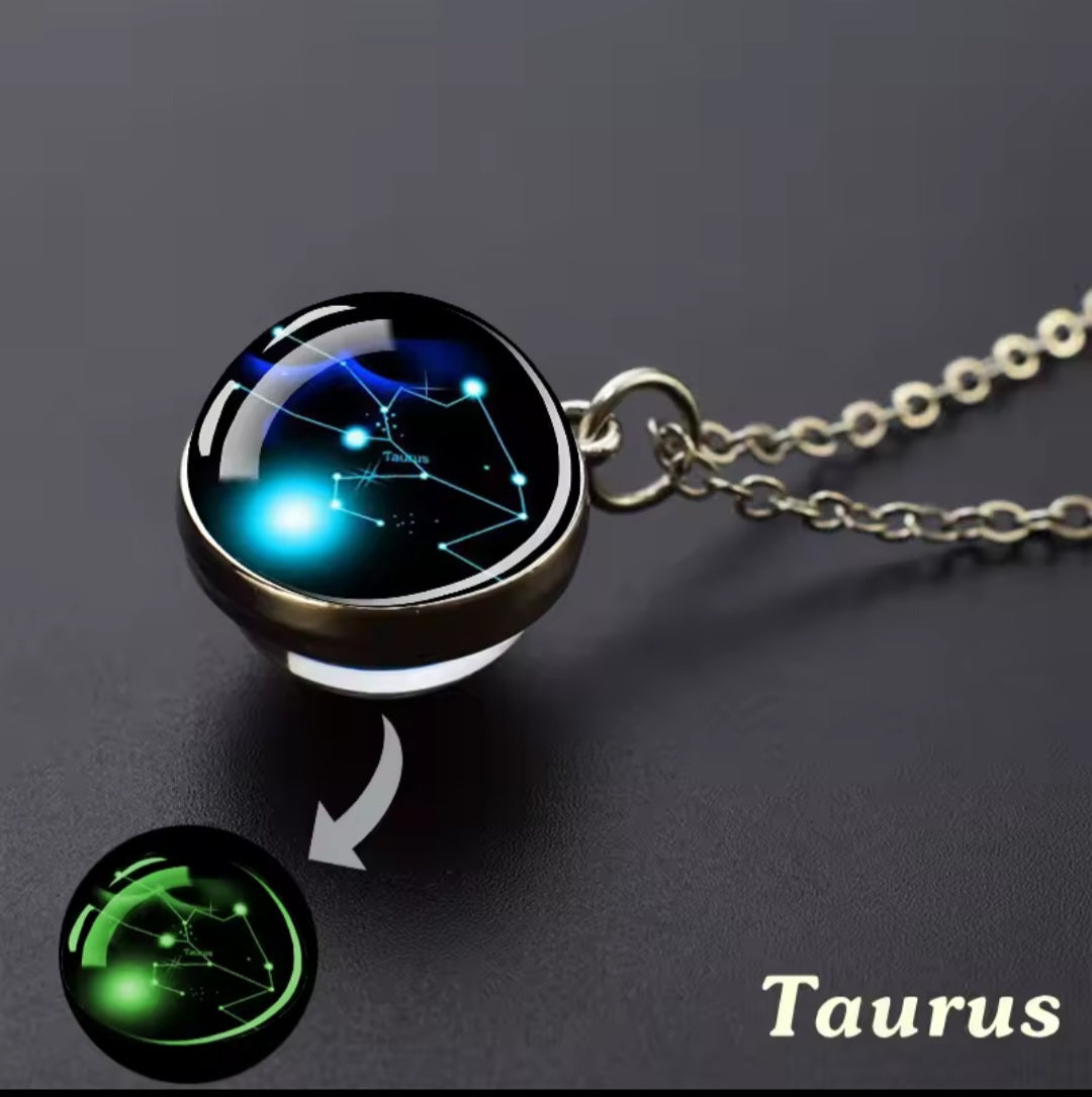 Luminous Zodiac Glass Ball Necklace – 12 Constellation Glow Pendant