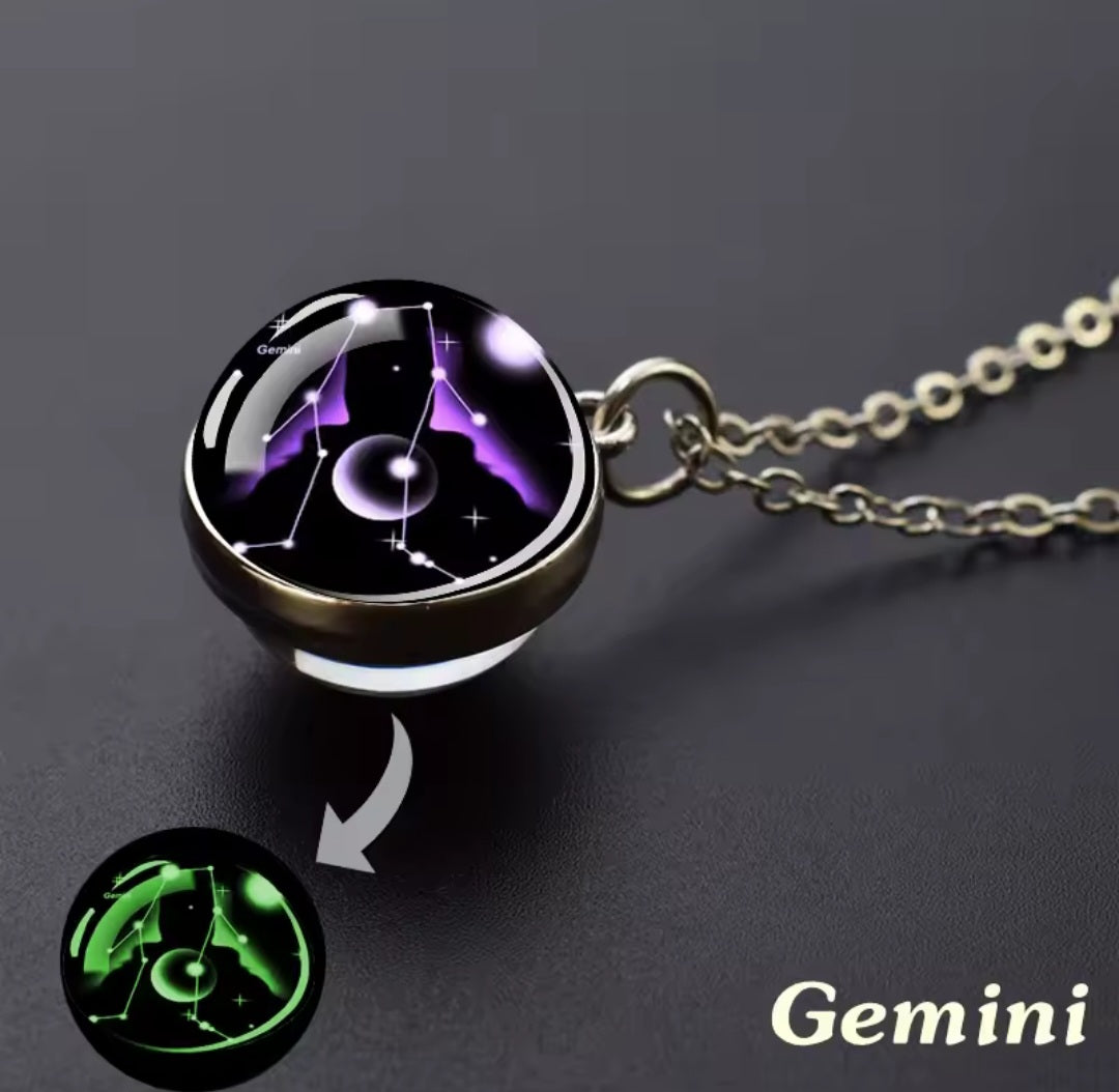 Luminous Zodiac Glass Ball Necklace – 12 Constellation Glow Pendant