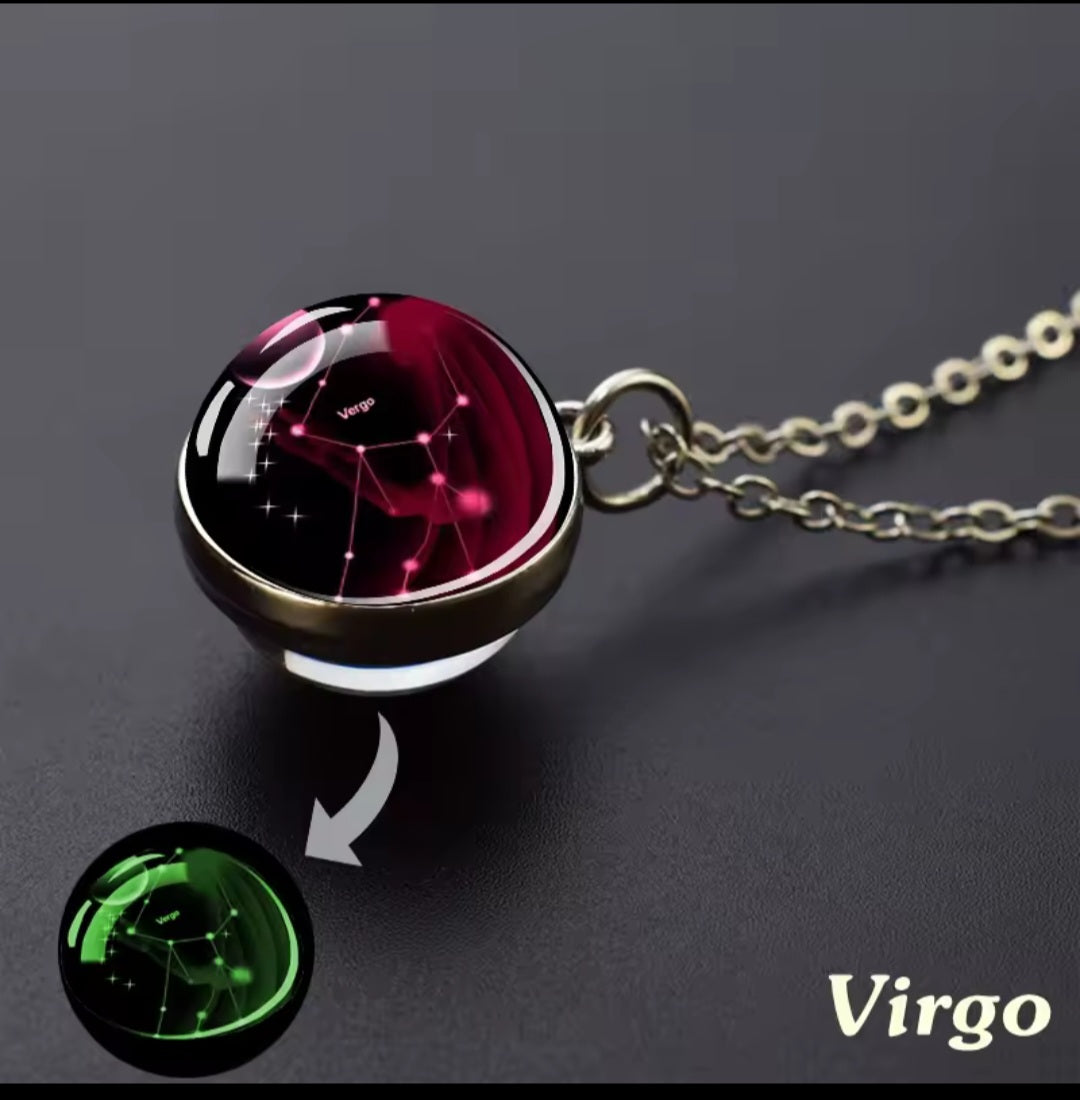 Luminous Zodiac Glass Ball Necklace – 12 Constellation Glow Pendant