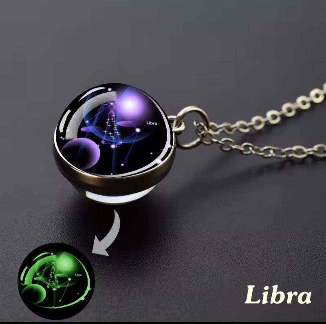 Luminous Zodiac Glass Ball Necklace – 12 Constellation Glow Pendant