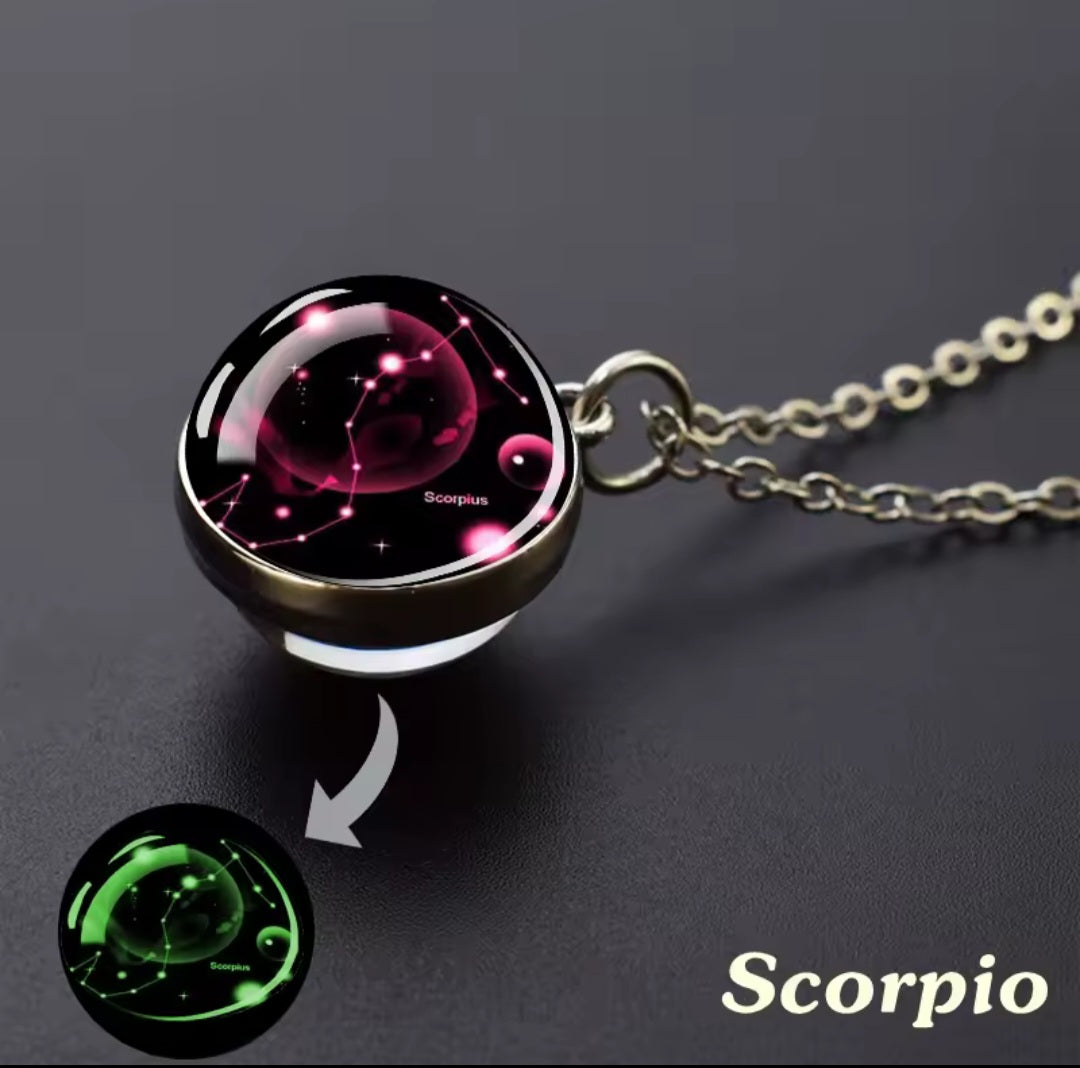 Luminous Zodiac Glass Ball Necklace – 12 Constellation Glow Pendant