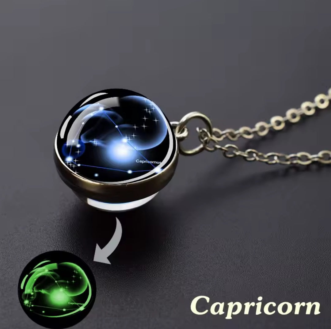 Luminous Zodiac Glass Ball Necklace – 12 Constellation Glow Pendant