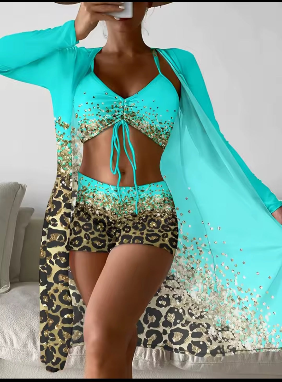 3-Piece High Waist Bikini Set with Kimono – Printed Swimsuit Beachwear