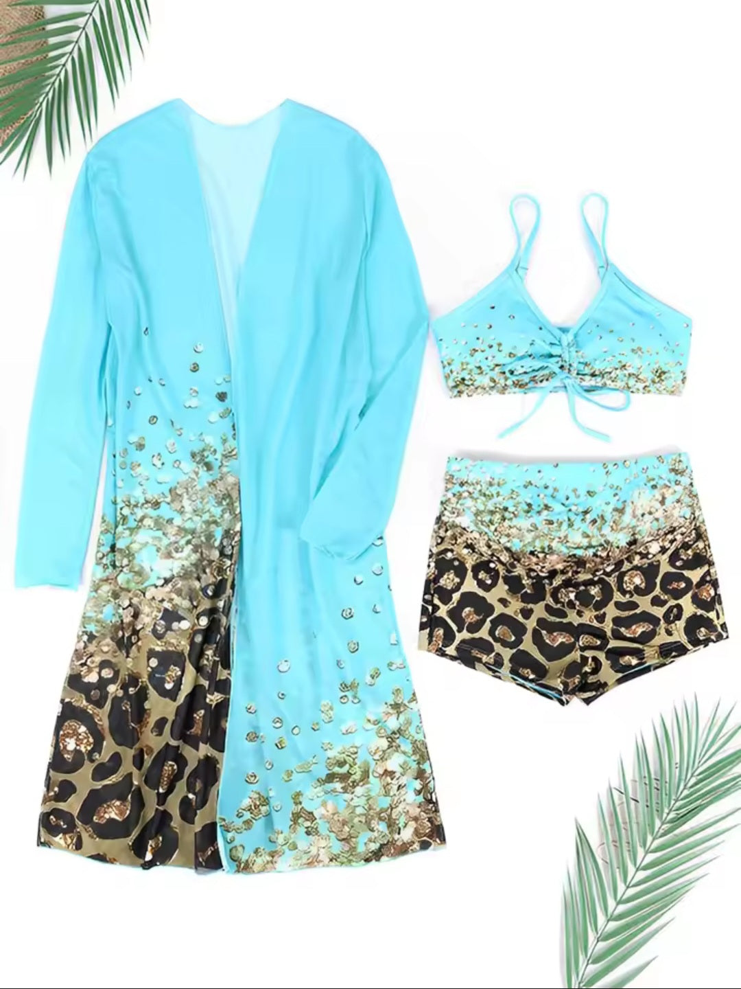 3-Piece High Waist Bikini Set with Kimono – Printed Swimsuit Beachwear