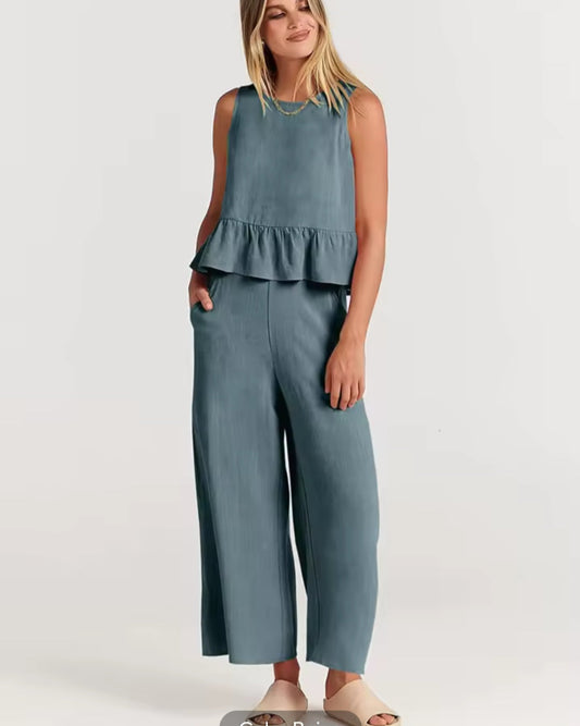 Women's Ruffle Patchwork 2-Piece Set – Sleeveless Top & Wide-Leg Pants