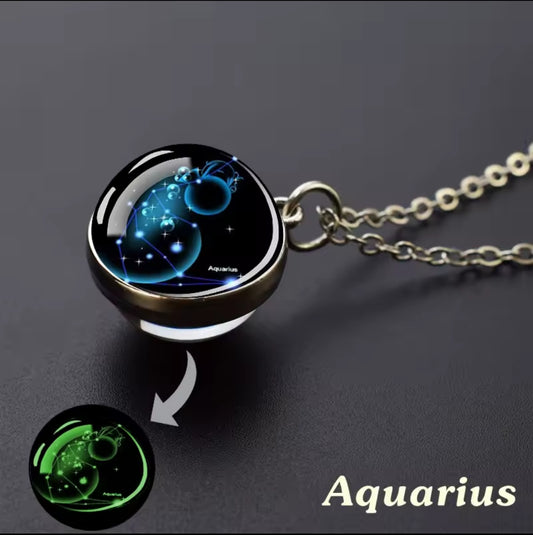 Luminous Zodiac Glass Ball Necklace – 12 Constellation Glow Pendant