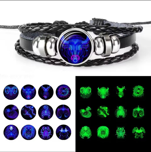 Glow-in-the-Dark Zodiac Braided Leather Bracelet